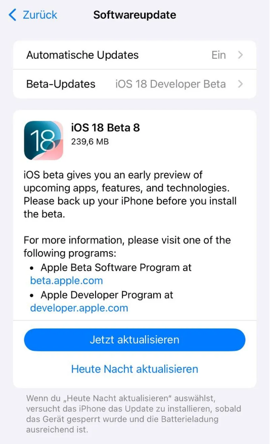 冕宁苹果手机维修分享苹果 iOS / iPadOS 18 开发者预览版 Beta 8 发布 